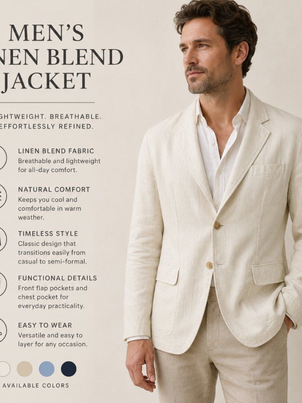 Andrew Fezza Mens Sz L Blazer Jacket Cream Linen Blend Sport Coat Partial Lined